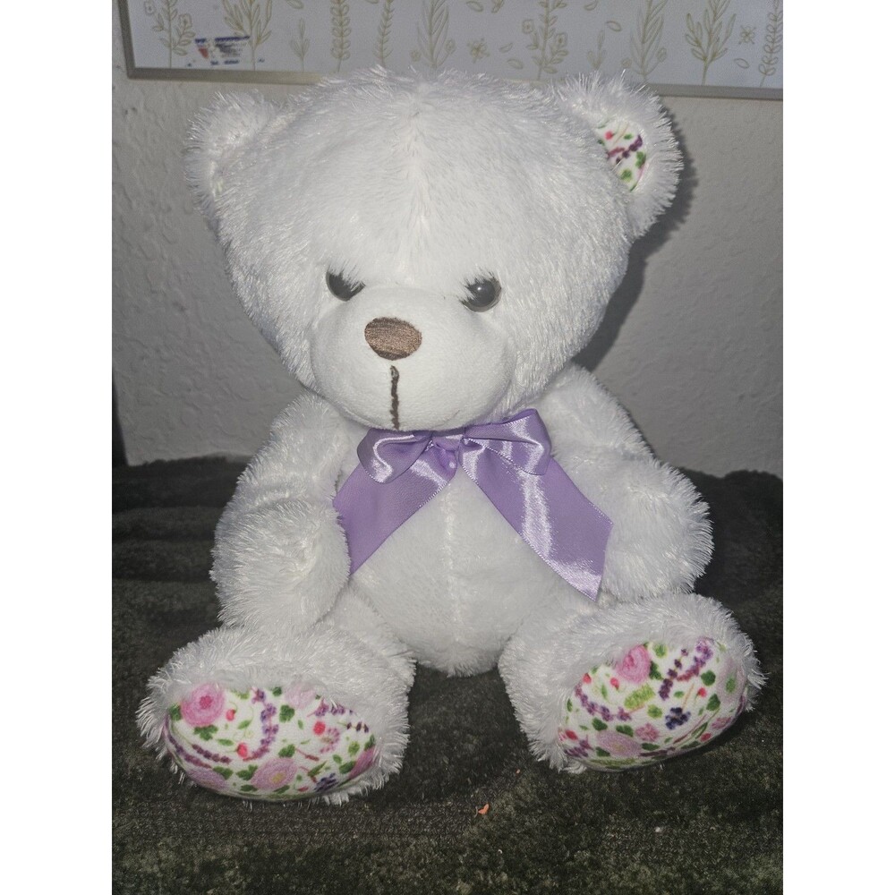 White Teddy Bear Plush Purple Bow Floral Paws Stuffed Animal 11" Cute Gift